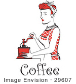 #29607 Royalty-Free Cartoon Clip Art Of A Beautiful Red Haired Housewife Or Maid Woman Using A Manual Coffee Grinder With Text