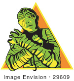 #29609 Royalty-Free Cartoon Clip Art Of A Mummy Wrapped Up With His Arms Crossed In Front Of Him And Cast In Green And Yellow Lighting Over An Orange Triangle