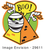 #29611 Royalty-Free Cartoon Clip Art Of A White Mummy With Green Glowing Eyes Peeking Out Of A Pyramid And Screaming &Quot;Boo!&Quot;