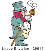 #29614 Royalty-Free Cartoon Clip Art Of A Short Pink Haired Leprechaun Leaning On A Cane And Smoking A Pipe