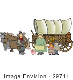 #29711 Clip Art Graphic Of A Pioneer Family With Their Pig Standing By The Horses That Pull Their Covered Wagon While Stopping Along The Oregon Trail