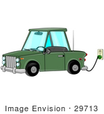 #29713 Clip Art Graphic Of A Green Electric Car Parked In A Garage And Plugged Into An Electrical Socket To Charge
