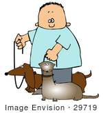 #29719 Clip Art Graphic Of A Happy Boy Walking His Little Wiener Dog And Ferret At The Same Time