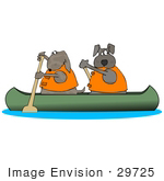 #29725 Clip Art Graphic Of Two Brown Dogs In Life Jackets Paddling A Canoe And Looking Back Over Their Shoulders