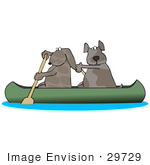 #29729 Clip Art Graphic Of Two Brown Dogs Paddling A Canoe Down A River Looking Back Over Their Shoulders