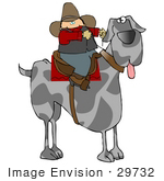 #29732 Clip Art Graphic Of A Cowboy Seated On A Saddle On The Back Of A Super Huge Great Dane Dog