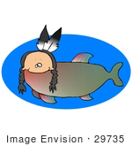 #29735 Clip Art Graphic Of A Native Fish With A Human Head With Breads And Feathers And A Fishlike Body