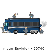#29740 Clip Art Graphic Of A Team Of Mechanics Working To Construct And Fix A Fancy Motorhome