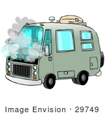 #29749 Clip Art Graphic Of A Smoking Green Camper Van