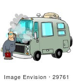 #29761 Clip Art Graphic Of A Puzzled Mechanic Working On A Smoking Green Motor Home