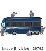 #29762 Clip Art Graphic Of Men Fixing Body Damage On A Luxury Motor Home
