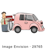 #29765 Clip Art Graphic Of A Stressed Man Filling The Gasoline Tank Of His Gas Hog Car That Looks Like A Pig