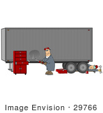 #29766 Clip Art Graphic Of A Mechanic And Body Repair Man Fixing A Big Rig Cargo Trailer