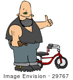 #29767 Clip Art Graphic Of A Big Drunk Biker Holding A Beer Bottle And Giving The Thumbs Up Before Mounting His Tricycle