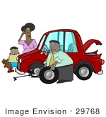 #29768 Clip Art Graphic Of A Nice Man Stopping To Help A Clueless Woman And Her Son Change The Flat Tire On Their Car
