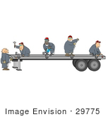 #29775 Clip Art Graphic Of A Team Of Men Repairing A Semi Trailer
