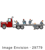 #29779 Clip Art Graphic Of A Team Of Men Performing Maintenance On The Trailer Of A Big Rig