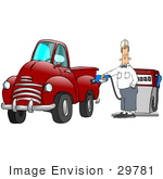 #29781 Clip Art Graphic Of A Gas Station Attendant Fueling A Red Truck