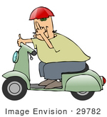 #29782 Clip Art Graphic Of A Man Passing By On A Green Scooter And Flipping The Viewer Off In A Fit Of Road Rage