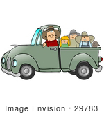#29783 Clip Art Graphic Of A Group Of Happy People And Their Dog Riding In The Back Of A Green Pickup Truck While The Driver Looks At The Viewer