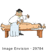 #29784 Clip Art Graphic Chinese Acupuncturist Inserting Needles Into A Nude Man’S Back During Therapy