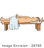 #29785 Clip Art Graphic Of A Nude Male Acupuncture Patient Poked With Needles Lying On His Side