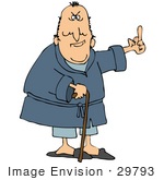 #29793 Clip Art Graphic Of A Mean Old Man In A Robe Using A Cane And Flipping People The Bird