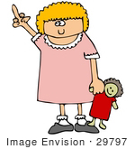 #29797 Clip Art Graphic Of An Obnoxious Little Girl Holding Her Doll And Flipping The Bird