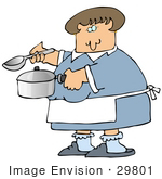 #29801 Clip Art Graphic Of A Caucasian Lady Holding A Spoon And Pot While Cooking Soup For Supper In A Kitchen