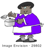 #29802 Clip Art Graphic Of An African American Lady Holding A Spoon And Pot While Cooking Soup For Supper In A Kitchen
