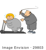 #29803 Clip Art Graphic Of A Caucasian Man In Sweats Cracking A Whip While Telling His Blond Wife To Keep Exercising On A Treadmill