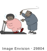 #29804 Clip Art Graphic Of An African American Man In Sweats Flashing A Whip While Telling His Wife To Keep Exercising On A Treadmill