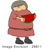 #29811 Clip Art Graphic Of A Woman Eating A Slice Of Watermelon
