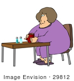 #29812 Clip Art Graphic Of A Lonely Overweight Woman Drinking Coffee By Herself