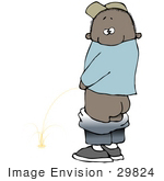 #29824 Clip Art Graphic of a Mischievious African American Boy Looking Back Over His Shoulder While Peeing In Public by DJArt