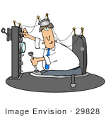 #29828 Clip Art Graphic Of A Caucasian Man Working On His Time Machine Invention