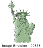 #29838 Clip Art Graphic Of A Green Statue Of Liberty Smiling And Holding The Torch High Above Her Head