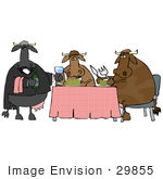 #29855 Clip Art Graphic Of A Black Cow Serving Wine To A Cow Couple In A Restaurant