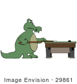 #29861 Clip Art Graphic Of A Male Gator Playing A Game Of Billiards