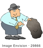 #29866 Clip Art Graphic Of A Businessman Lifting A Boulder To Look Underneath