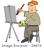 #29872 Clip Art Graphic Of A Caucasian Man Painting A Portrait On An Easel