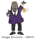 #29875 Clip Art Graphic Of An African American Hypnotist Man Holding A Finger Up And Swinging A Pocket Watch Back And Forth While Hypnotizing And Putting The Viewer Into A Trance