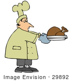 #29892 Clip Art Graphic Of A Chef Carrying A Cooked Turkey