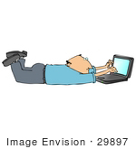 #29897 Clip Art Graphic Of A Man Typing On A Notebook Computer While Lying On His Belly
