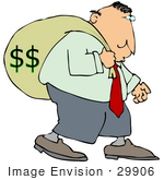 #29906 Clip Art Graphic of a Man Carrying a Heavy Money Bag on His Back by DJArt