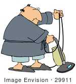 #29911 Clip Art Graphic Of A Man In A Robe And Slippers Using A Vacuum
