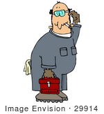 #29914 Clip Art Graphic of a Confused Mechanic Smoking, Carrying A Toolbox And Scratching His Head by DJArt