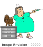 #29920 Clip Art Graphic Of A Stressed Out Dog On A Table In An Exam Room Watching As A Vet Tech Prepares A Needle For A Vaccine