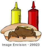 #29923 Clip Art Graphic Of A Goofy Dachshund Dog Lying Under Pickles On A Hot Dog Bun Near Ketchup And Mustard Containers