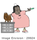 #29924 Clip Art Graphic Of A Worried Dog On An Exam Table Watching A Female Vet Tech Prepare A Needle For A Shot